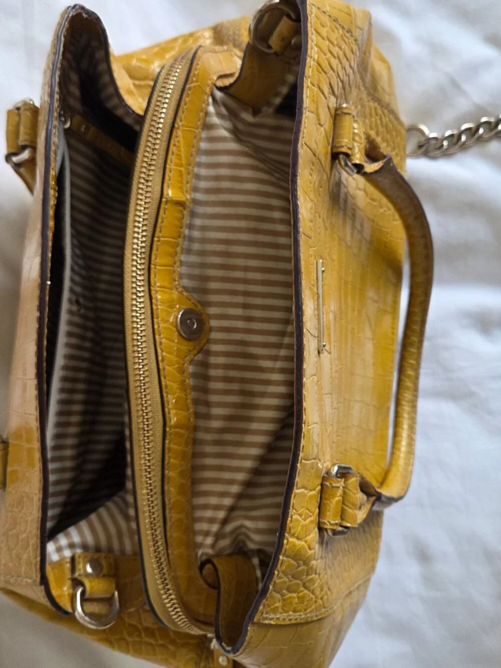 VINTAGE Kate Spade Mustard Yellow Patent Leather Crocodile Embossed Satchel